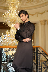 Jet Black Embroidered Silk-Blend Kurta Shalwar (2-Piece) - Image 4