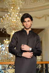 Jet Black Embroidered Silk-Blend Kurta Shalwar (2-Piece) - Image 5