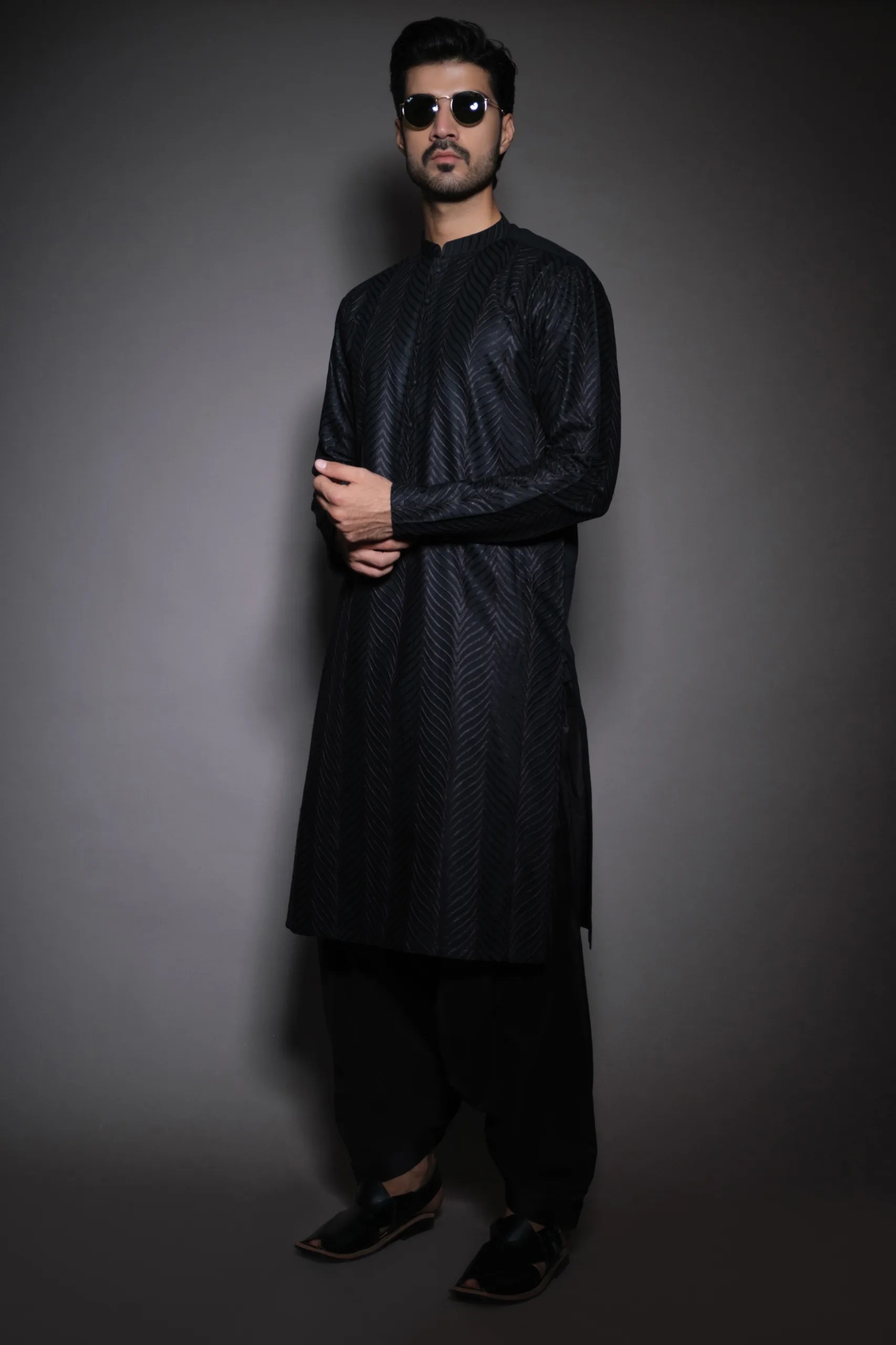 Black Woven Texture Silk-Blend Shalwar Kameez (2-Piece) - Image 1