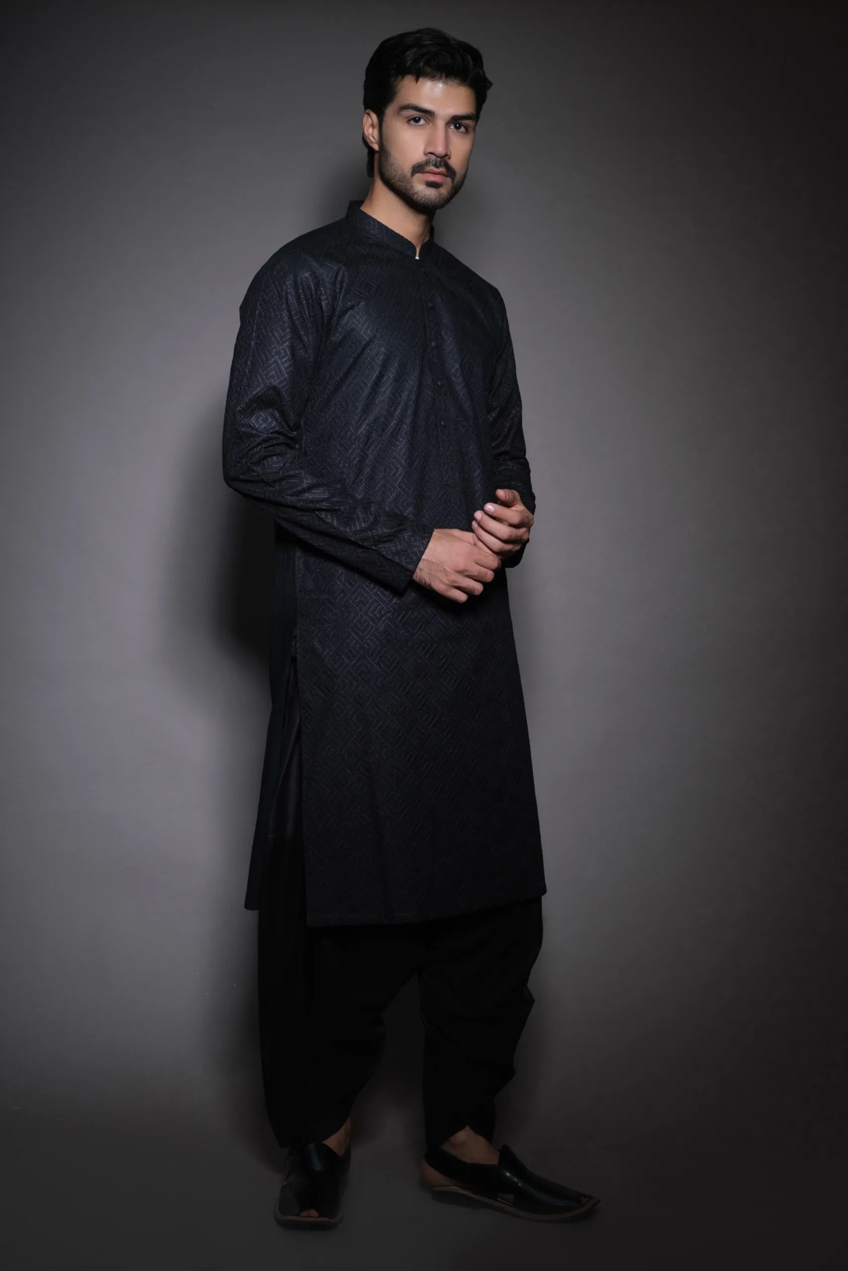 Black Woven Texture Silk-Blend Shalwar Kameez (2-Piece) - Image 2