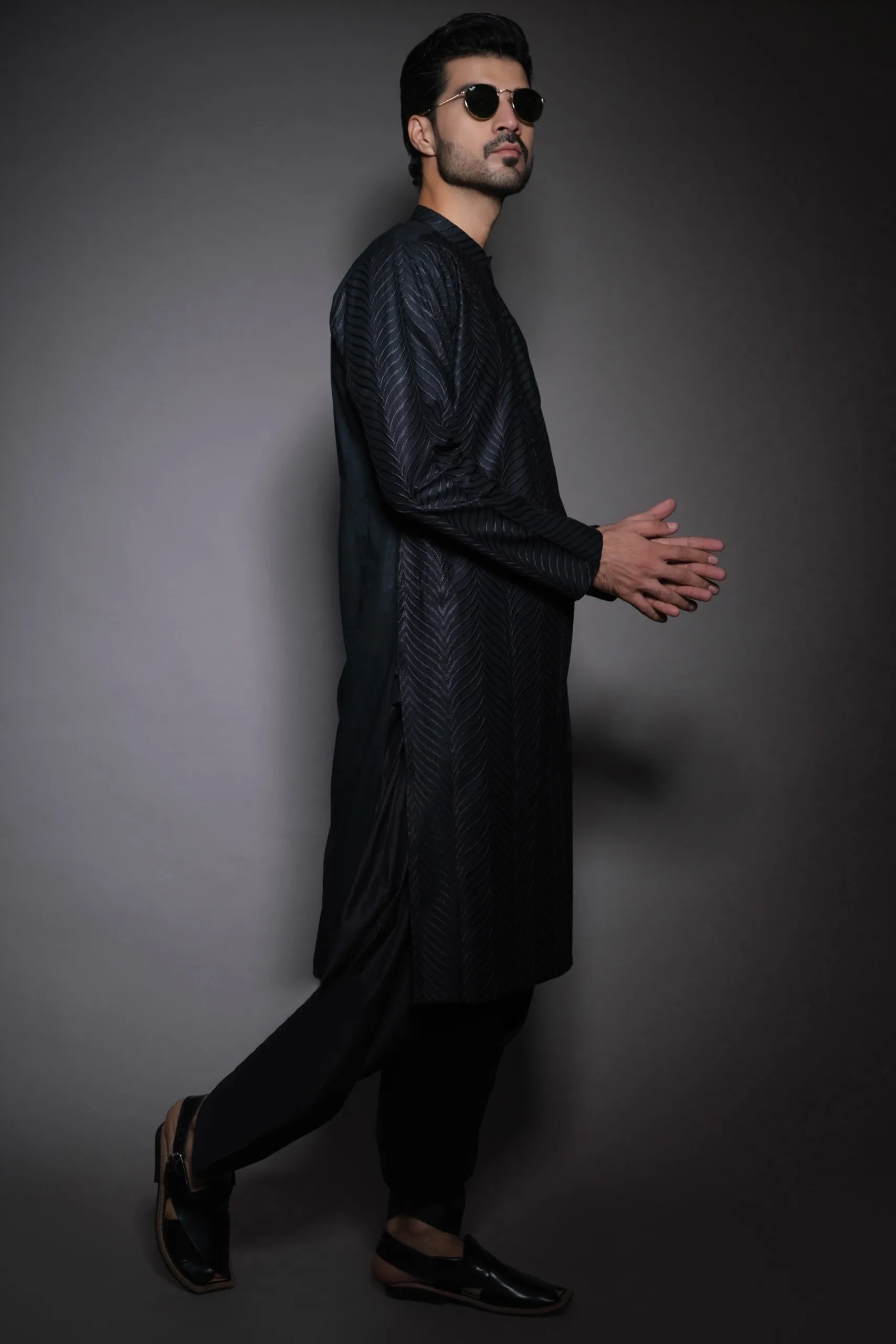 Black Woven Texture Silk-Blend Shalwar Kameez (2-Piece) - Image 3