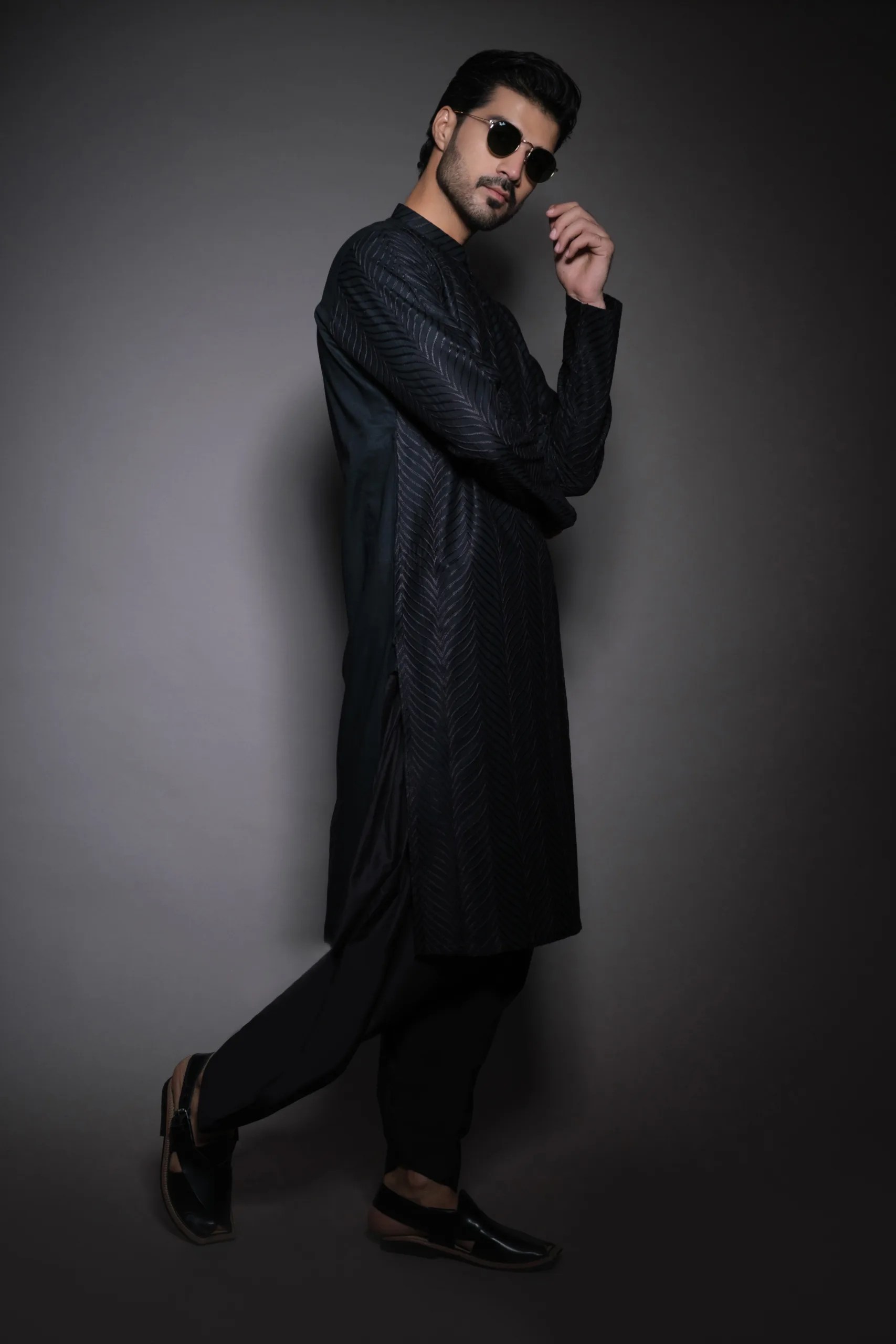 Black Woven Texture Silk-Blend Shalwar Kameez (2-Piece) - Image 4