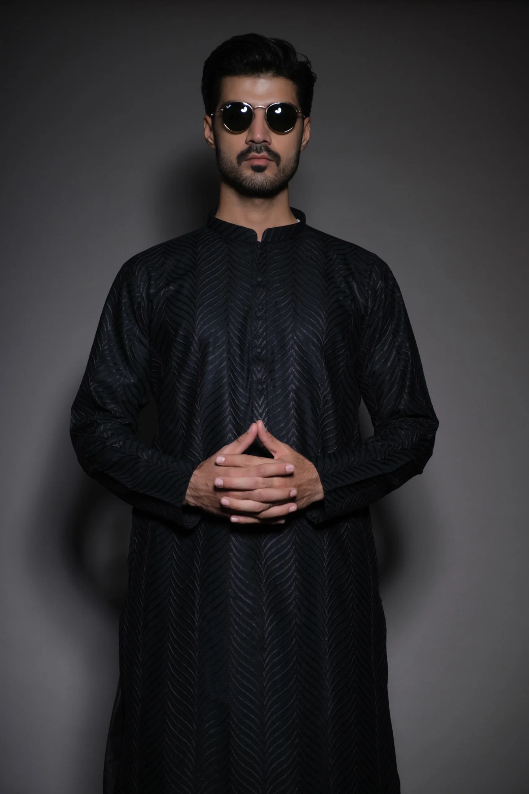 Black Woven Texture Silk-Blend Shalwar Kameez (2-Piece) - Image 5