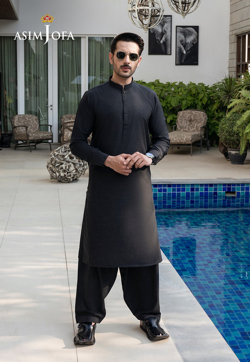 Black Slub Blended Kurta Shalwar Set (2-Piece) - Image 1