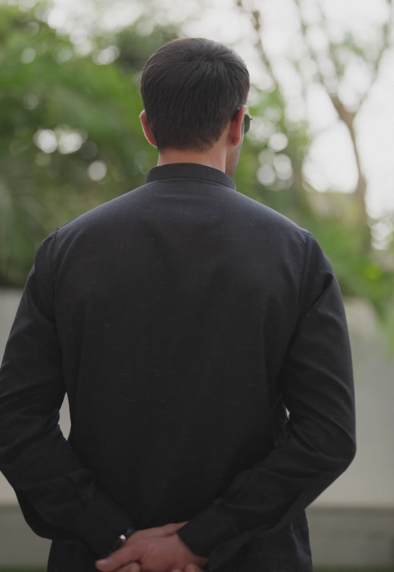 Black Slub Blended Kurta Shalwar Set (2-Piece) - Image 5