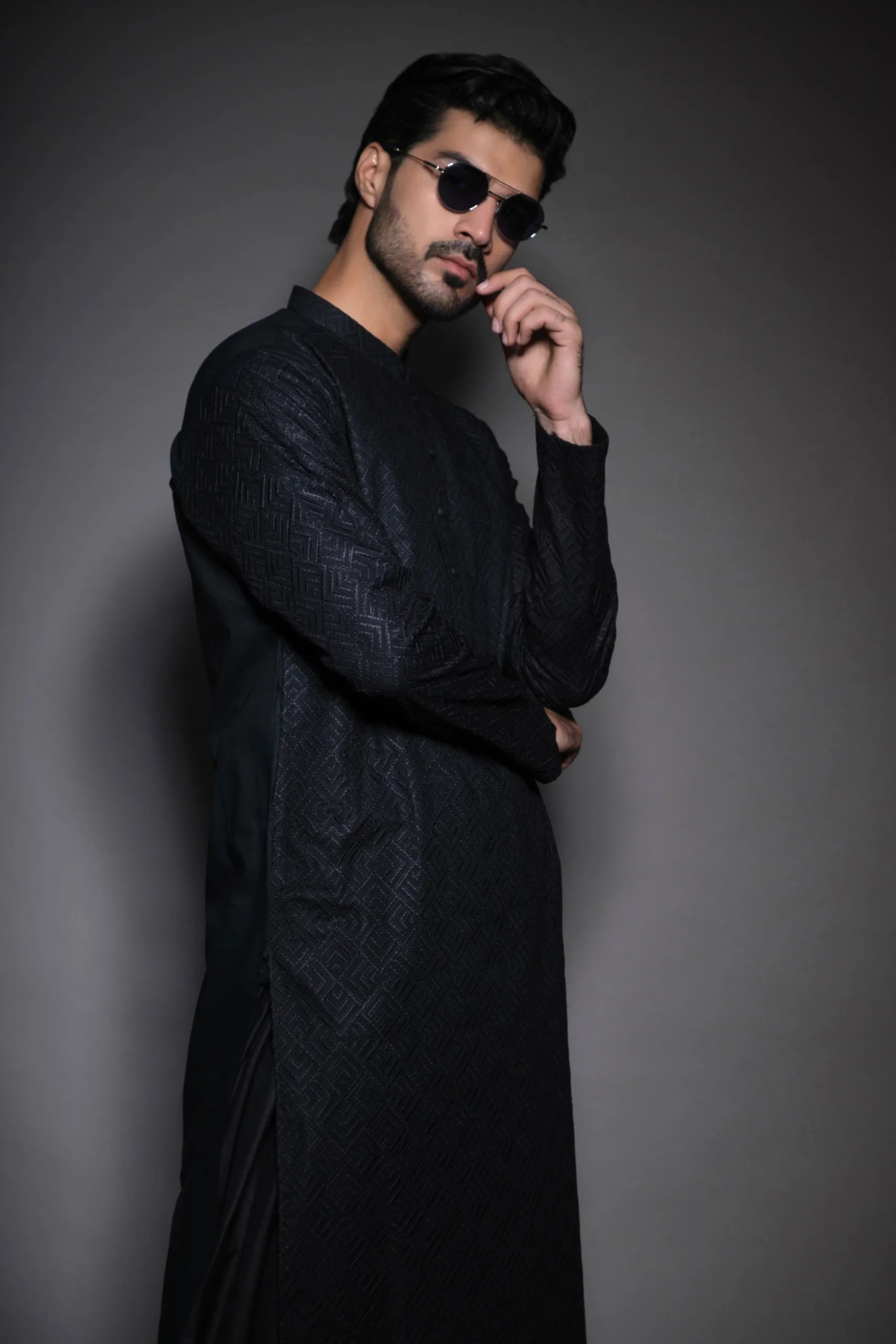 Deep Black Textured Weave Kurta Set (2-Piece) - Image 1