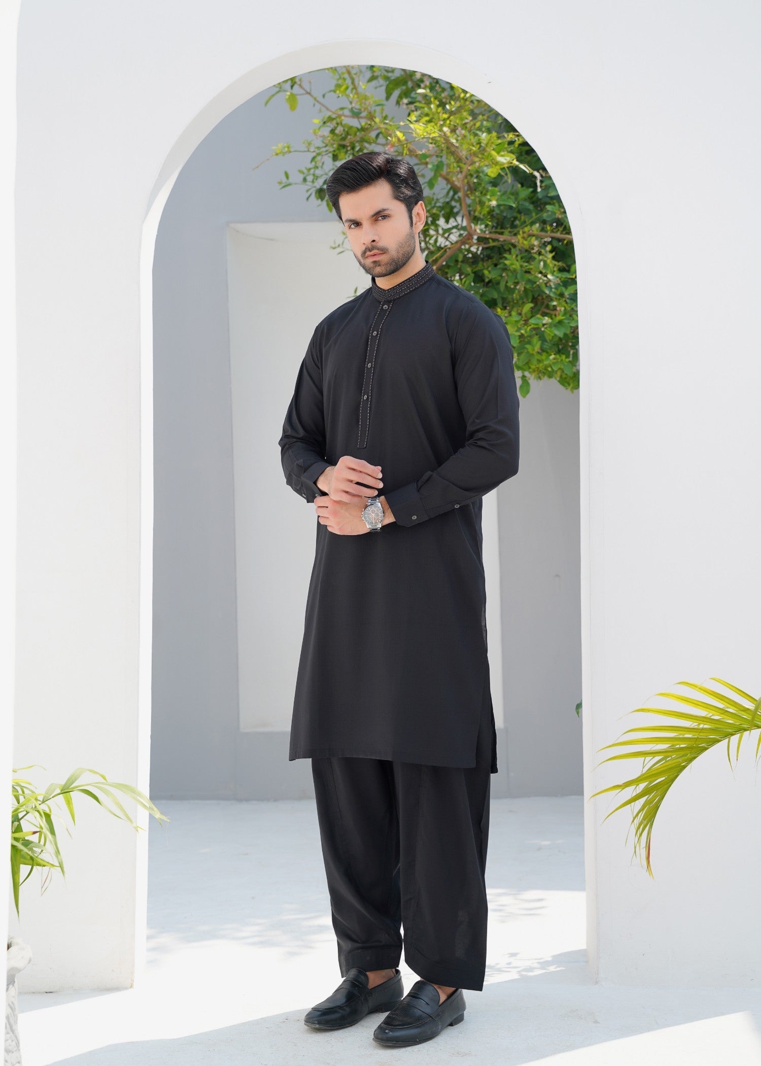 Black Embroidered Wash & Wear Shalwar Kameez (2-Piece) - Image 1