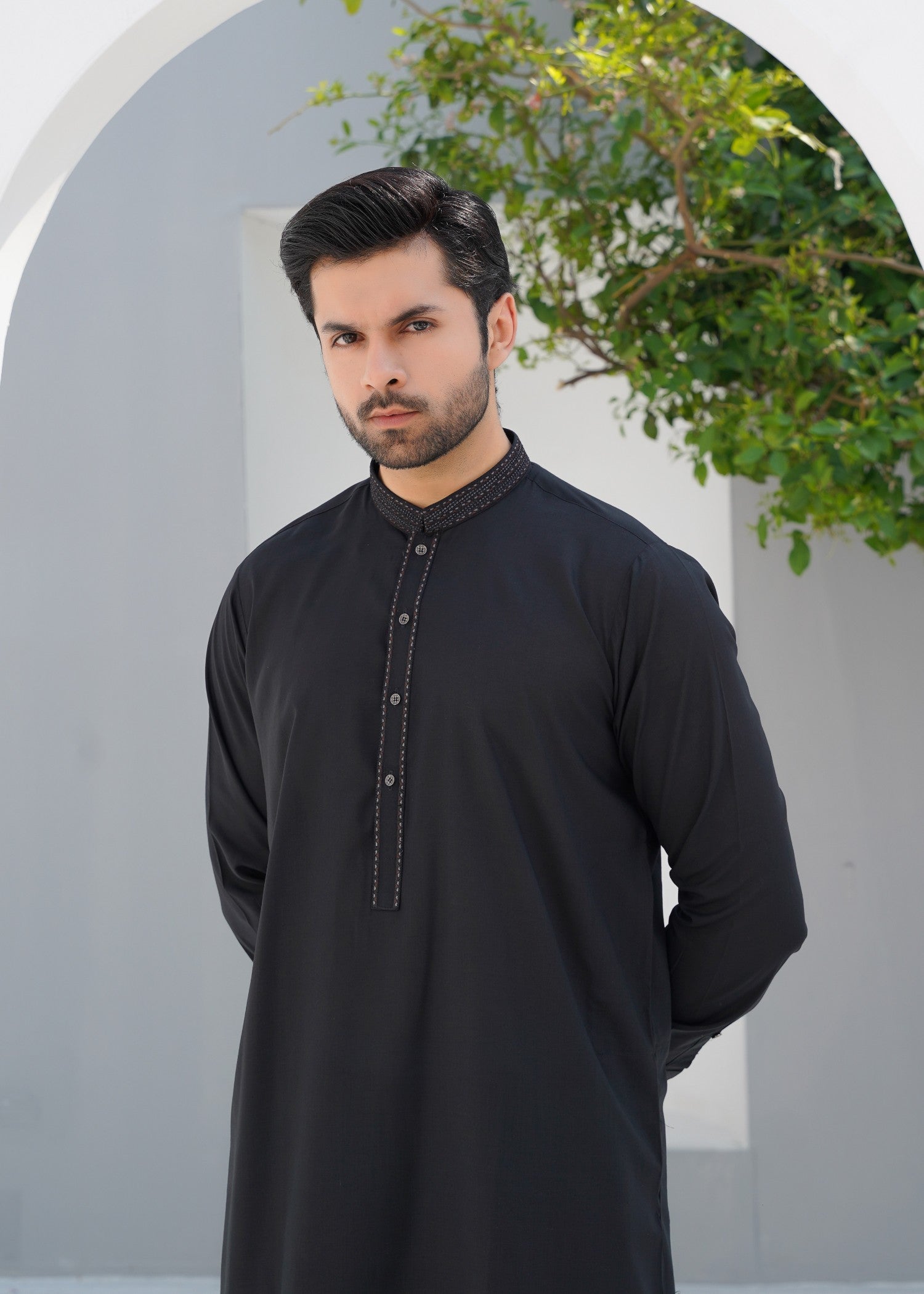 Black Embroidered Wash & Wear Shalwar Kameez (2-Piece) - Image 2