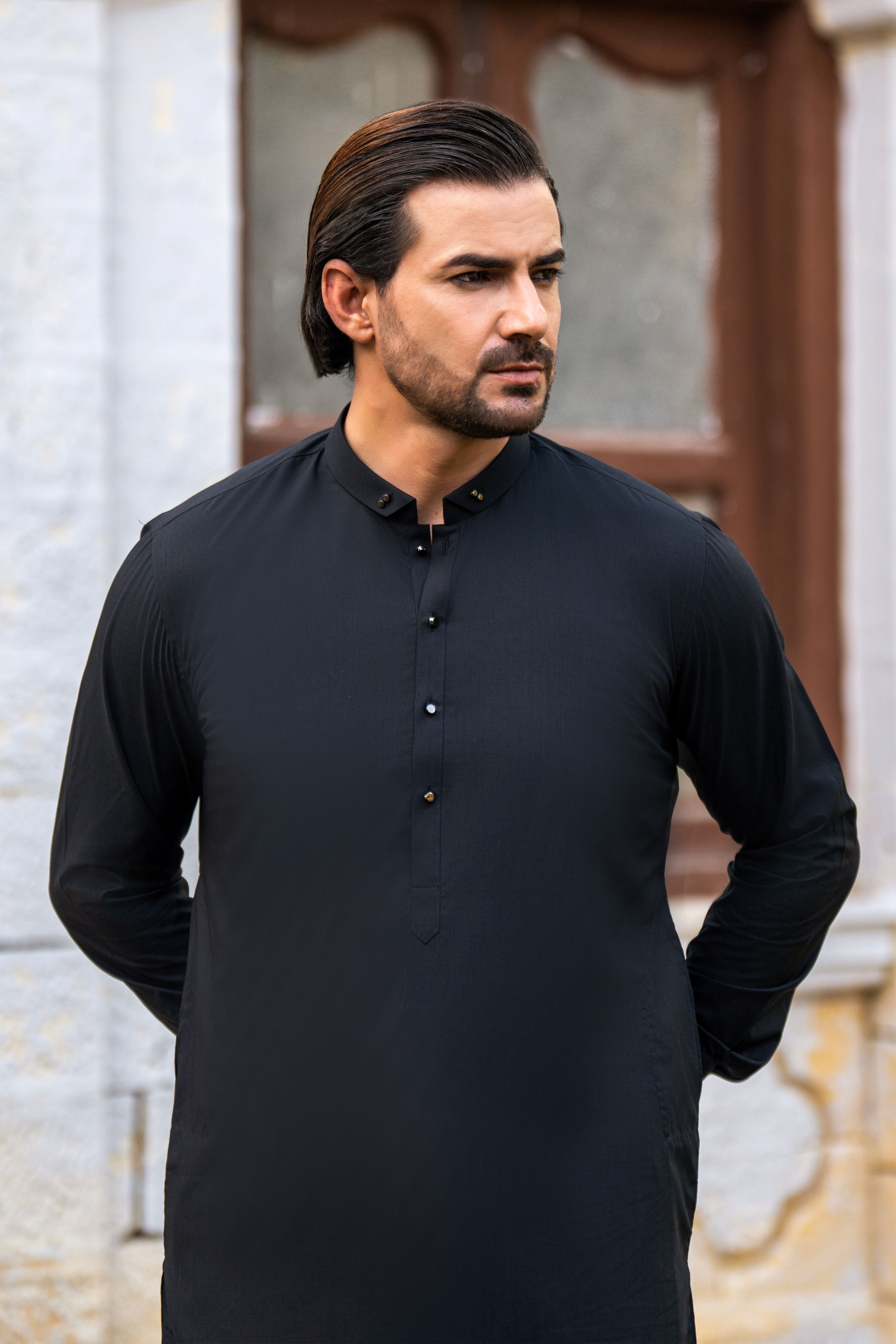 Black Wash & Wear Blended Shalwar Kameez (2-Piece) - Image 2