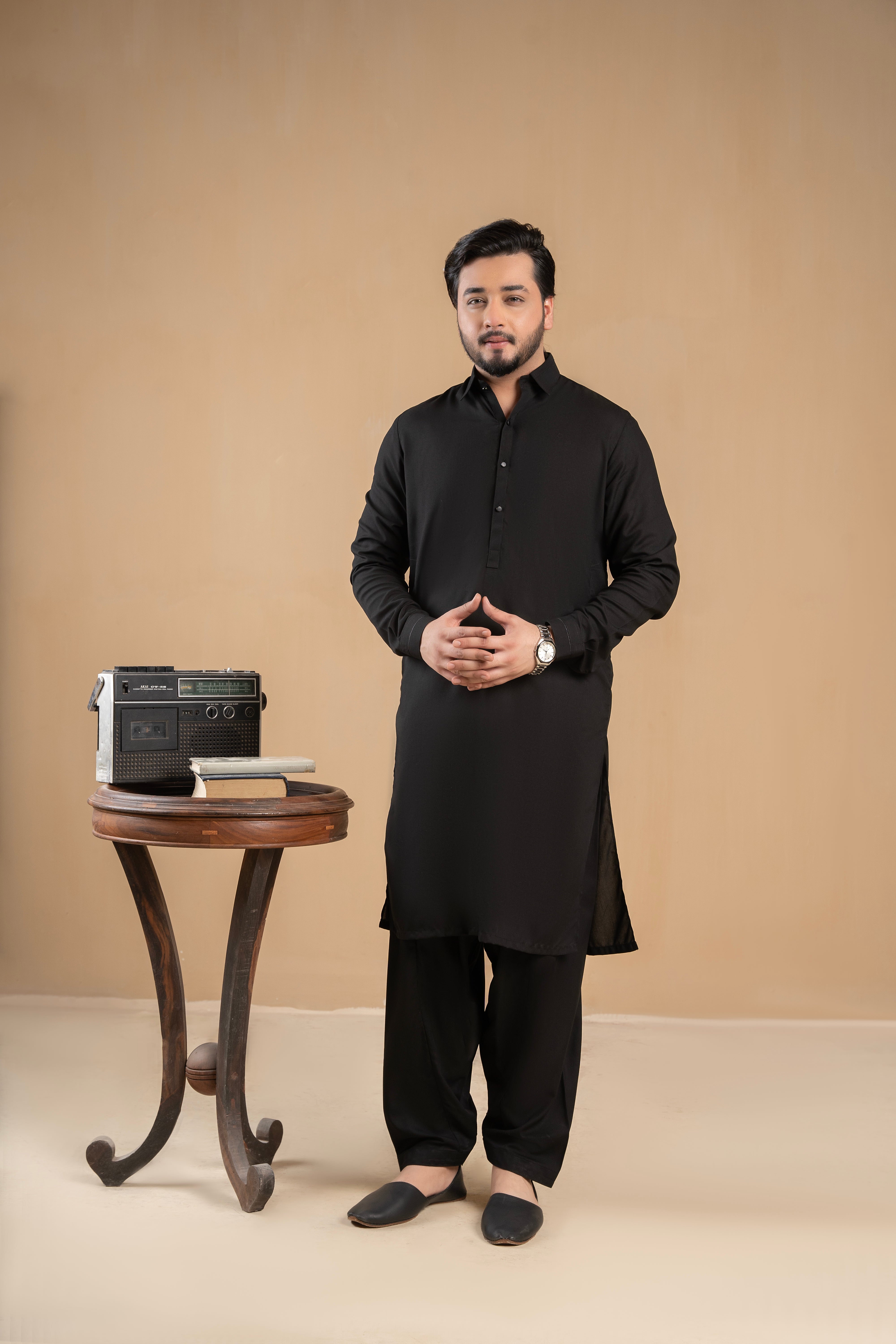 Black Wash-&-Wear Shalwar Kameez (2-Piece) - Image 1