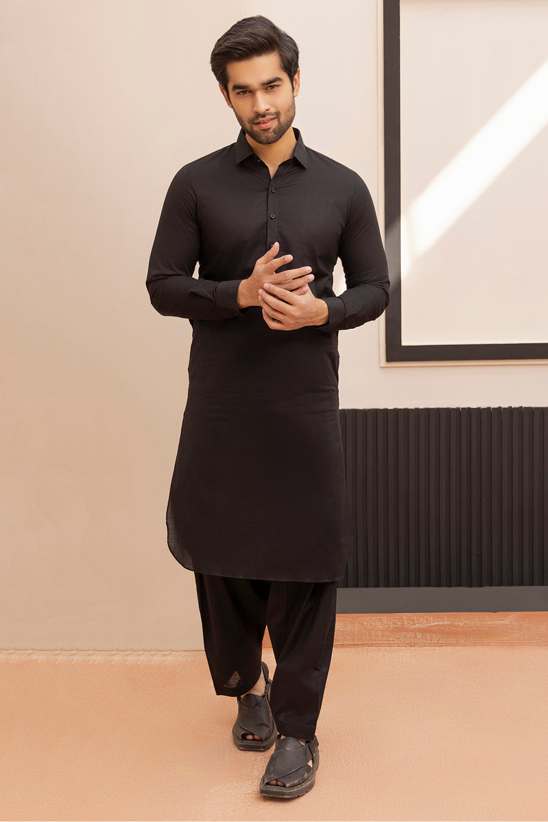 Black Wash & Wear Shalwar Kameez Fabric (2-Piece) - Image 133
