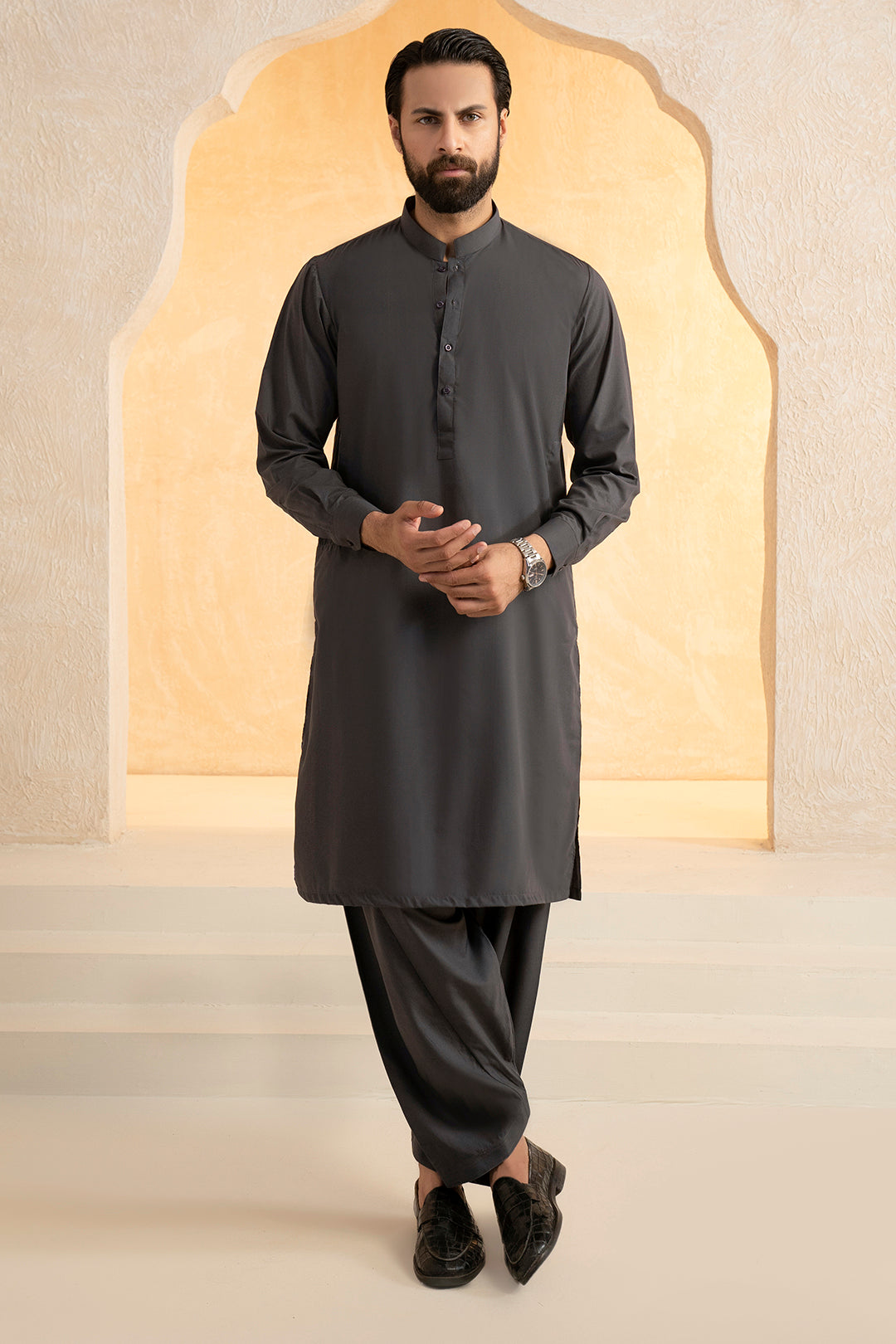 Black Wash & Wear Shalwar Kameez Fabric (2-Piece) - Image 174