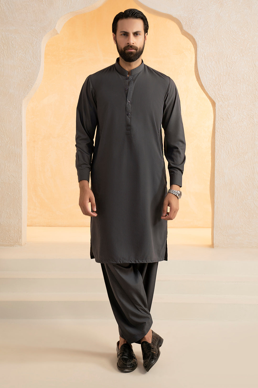 Black Wash & Wear Shalwar Kameez Fabric (2-Piece) - Image 175