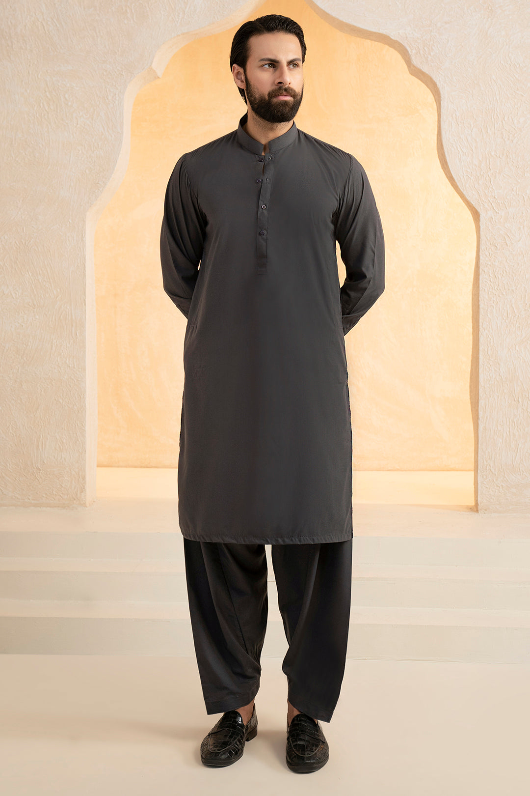 Black Wash & Wear Shalwar Kameez Fabric (2-Piece) - Image 178