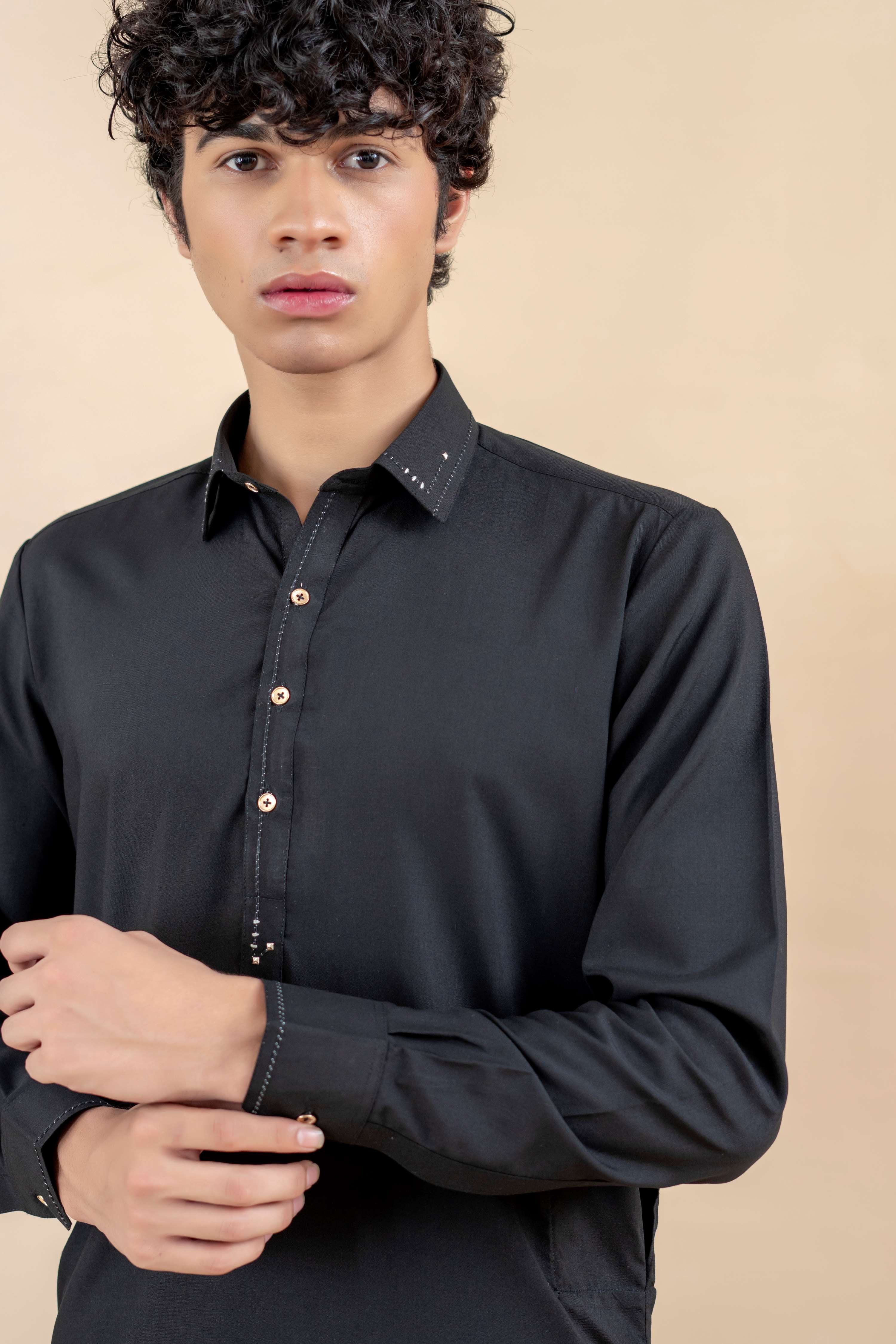 Black Stitch Detailed Wash & Wear Shalwar Kameez (2-Piece) - Image 2