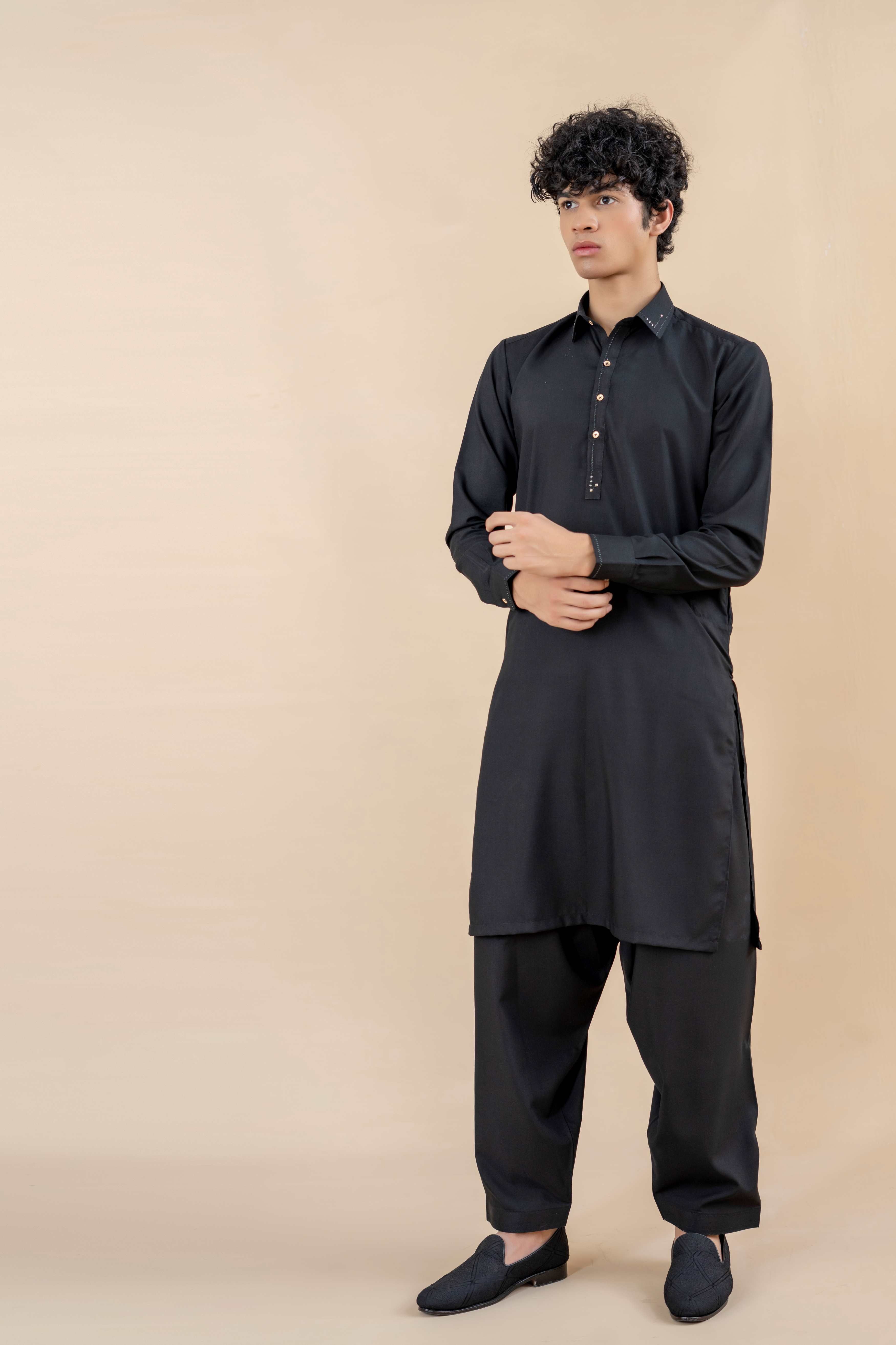 Black Contrast Stitch Wash & Wear Shalwar Kameez (2-Piece) - Image 1