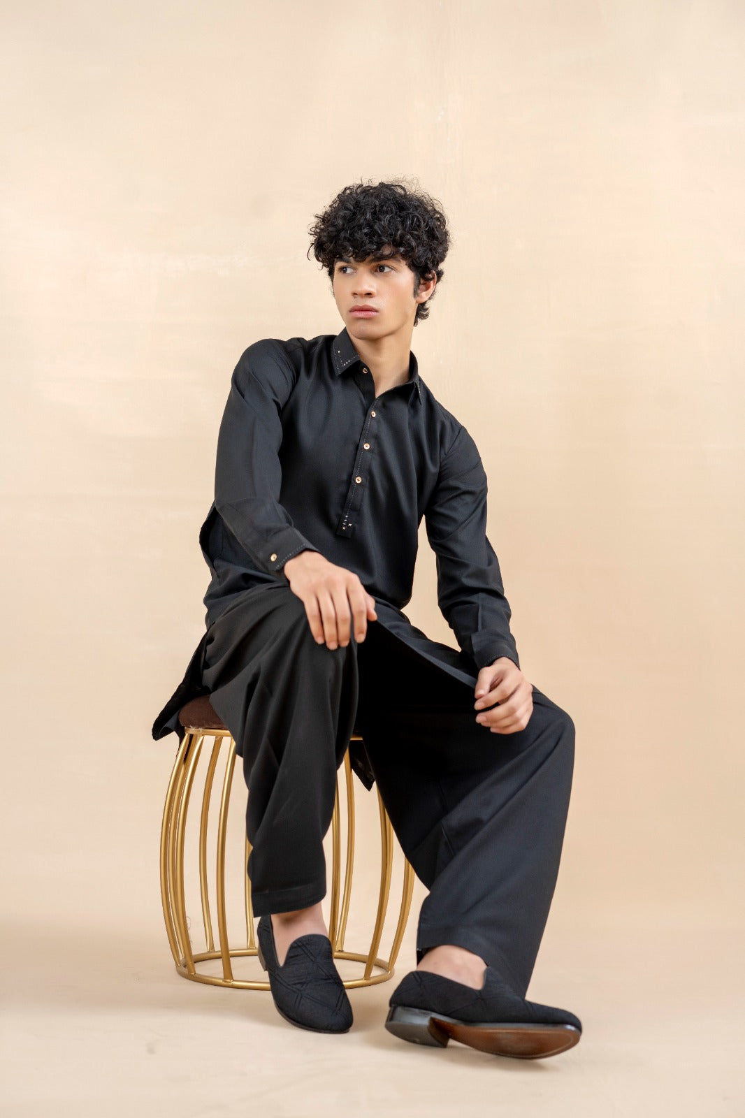 Black Contrast Stitch Wash & Wear Shalwar Kameez (2-Piece) - Image 3