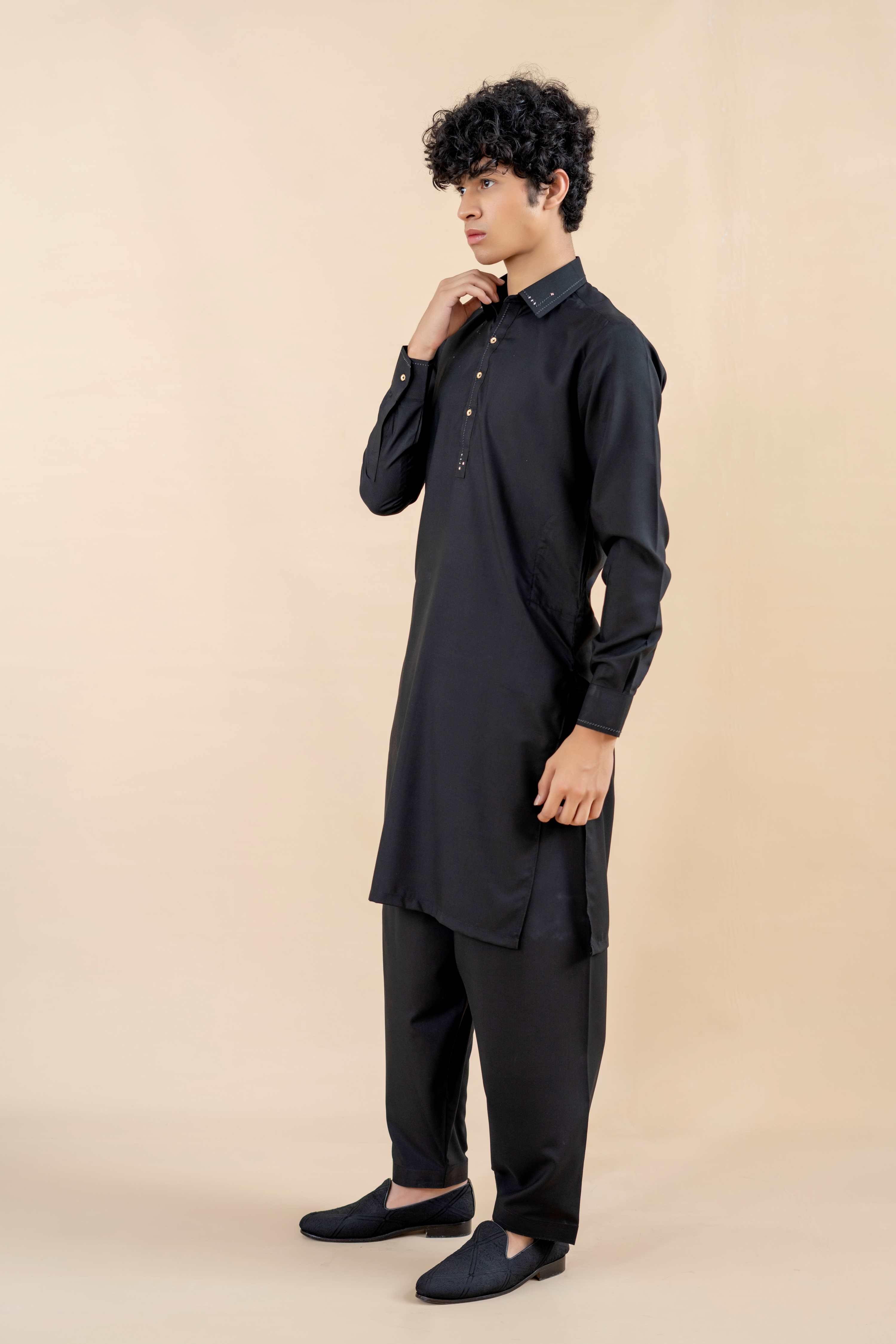Black Contrast Stitch Wash & Wear Shalwar Kameez (2-Piece) - Image 4