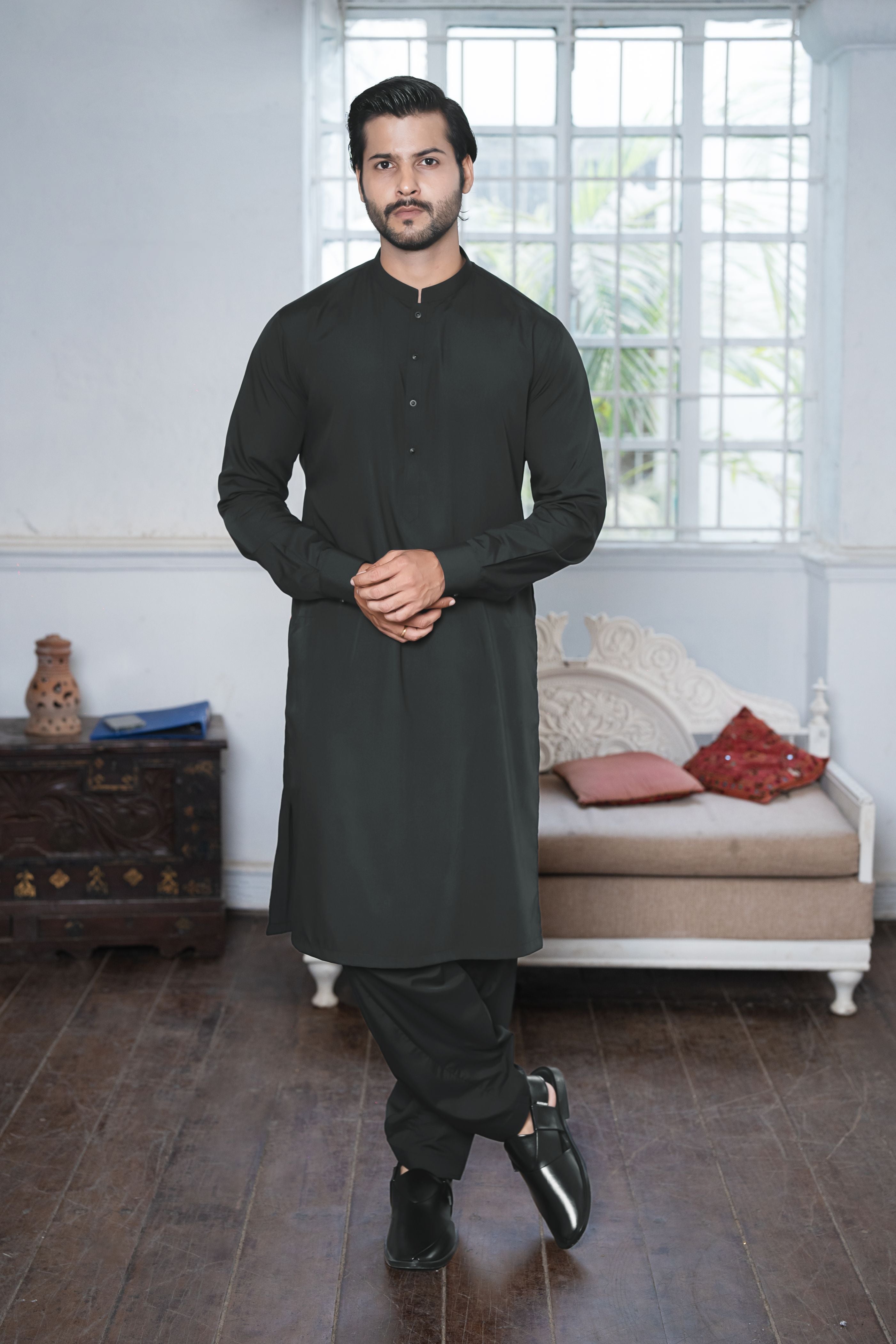 Black Wash & Wear Blended Shalwar Kameez (2-Piece) - Image 1