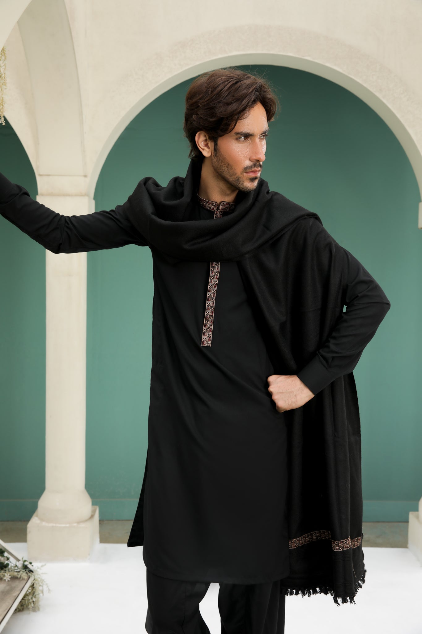 Black Embroidered Wool Shawl Kameez Shalwar (3-Piece) - Image 1