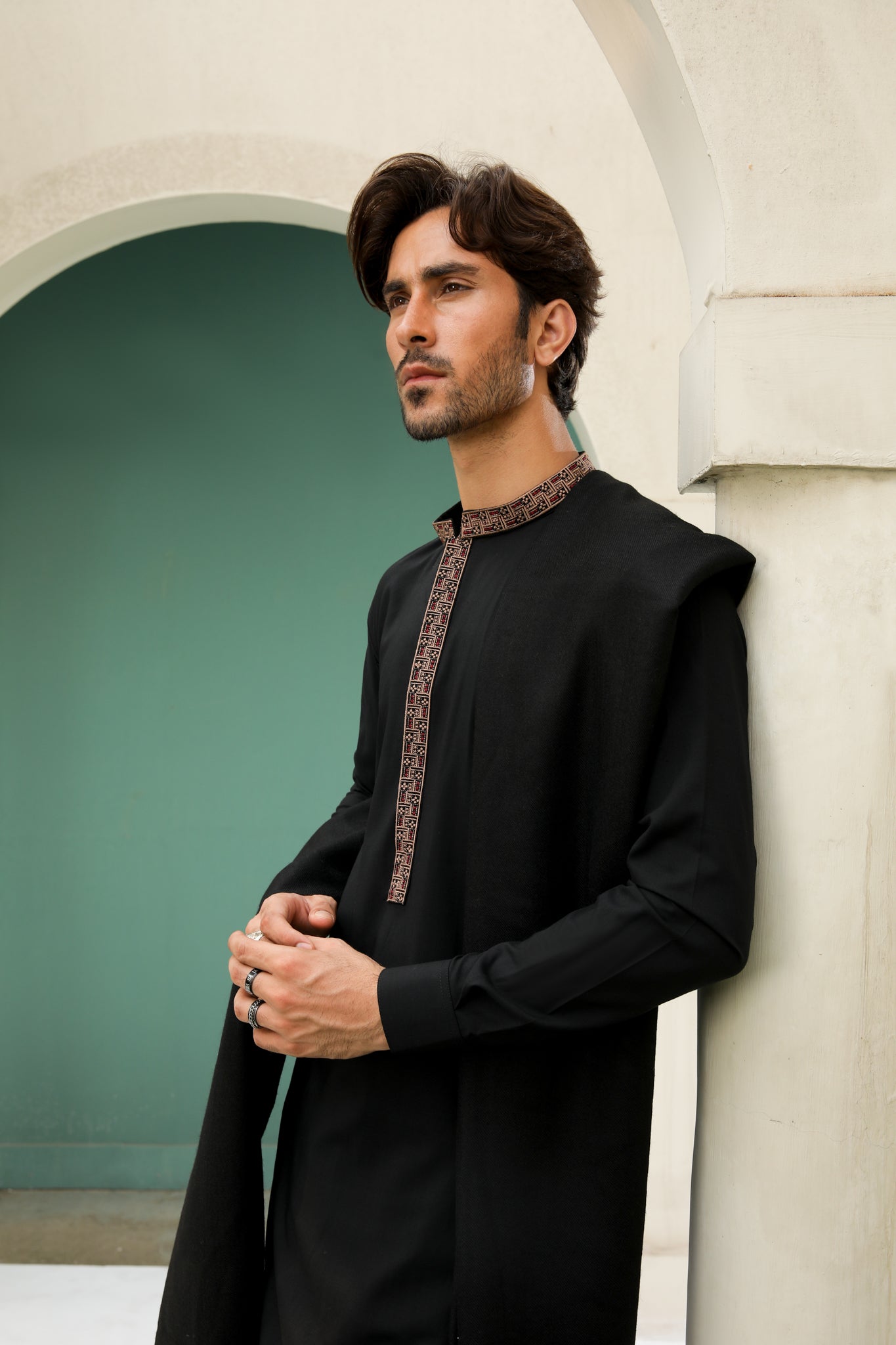 Black Embroidered Wool Shawl Kameez Shalwar (3-Piece) - Image 5