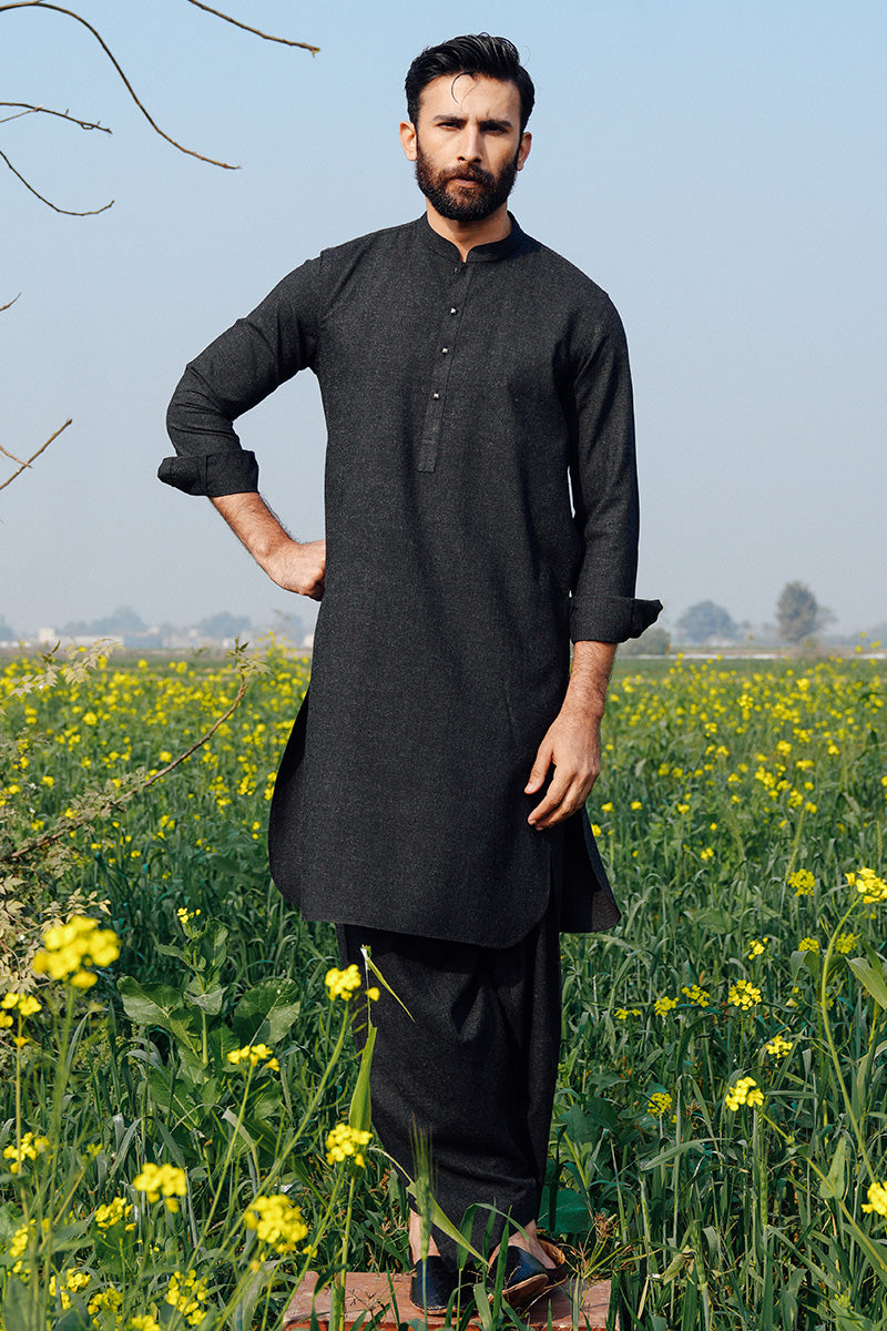 Black Woollen Blend Shalwar Kameez (2-Piece) - Image 1