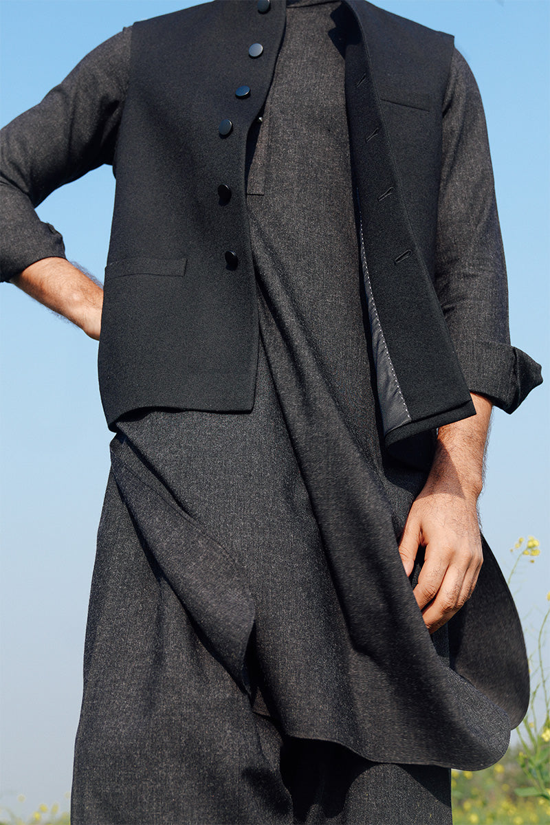 Black Woollen Blend Shalwar Kameez (2-Piece) - Image 2