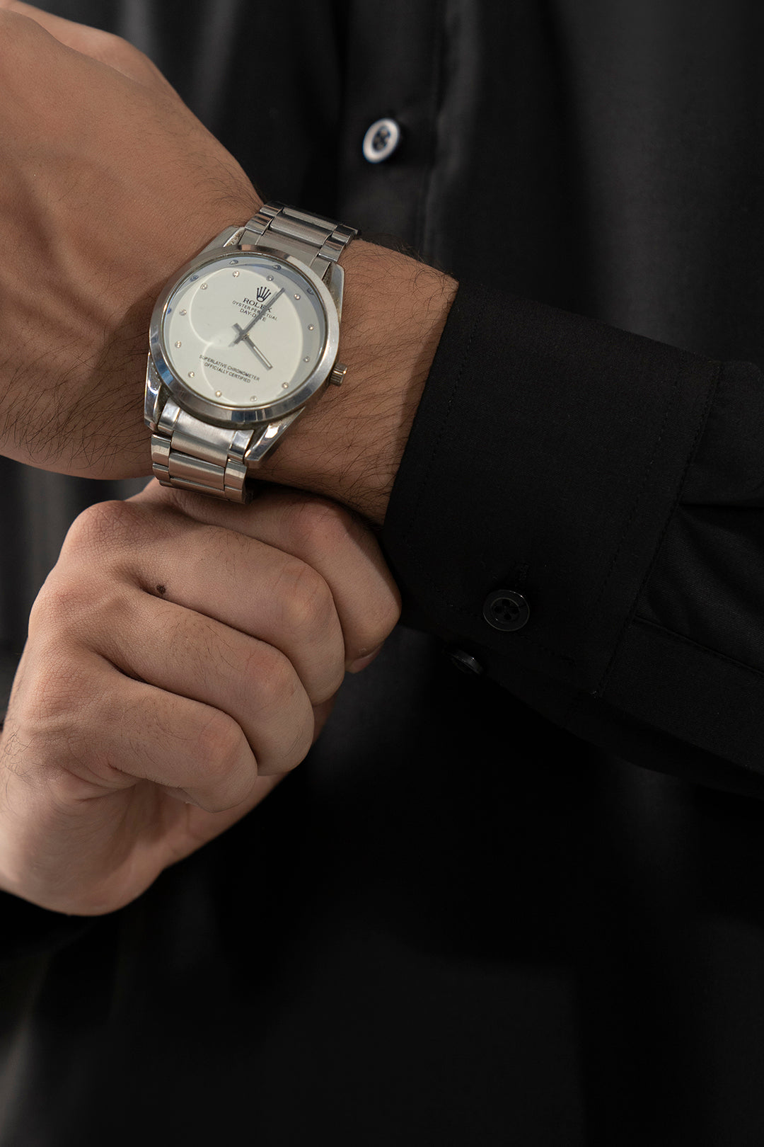 Black Contrast Collar Blended Fabric Shalwar Kameez (2-Piece) - Image 10