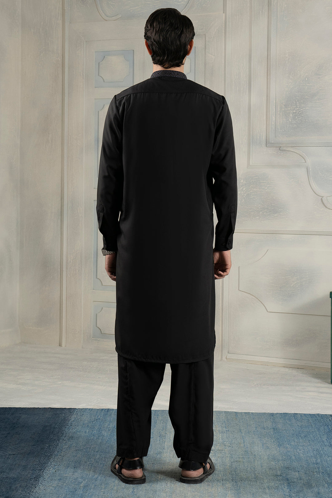 Black Contrast Collar Blended Fabric Shalwar Kameez (2-Piece) - Image 12