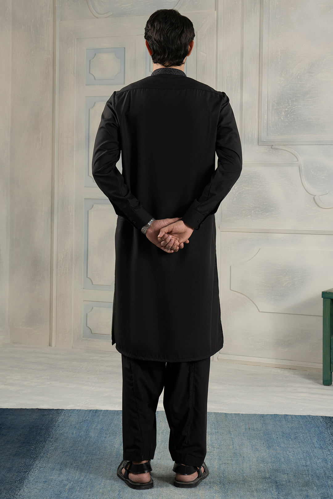 Black Contrast Collar Blended Fabric Shalwar Kameez (2-Piece) - Image 13