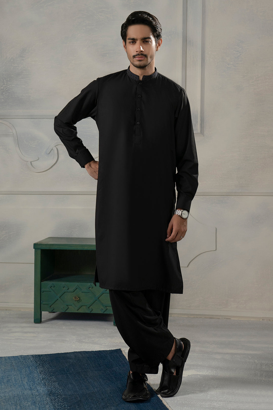 Black Contrast Collar Blended Fabric Shalwar Kameez (2-Piece) - Image 6