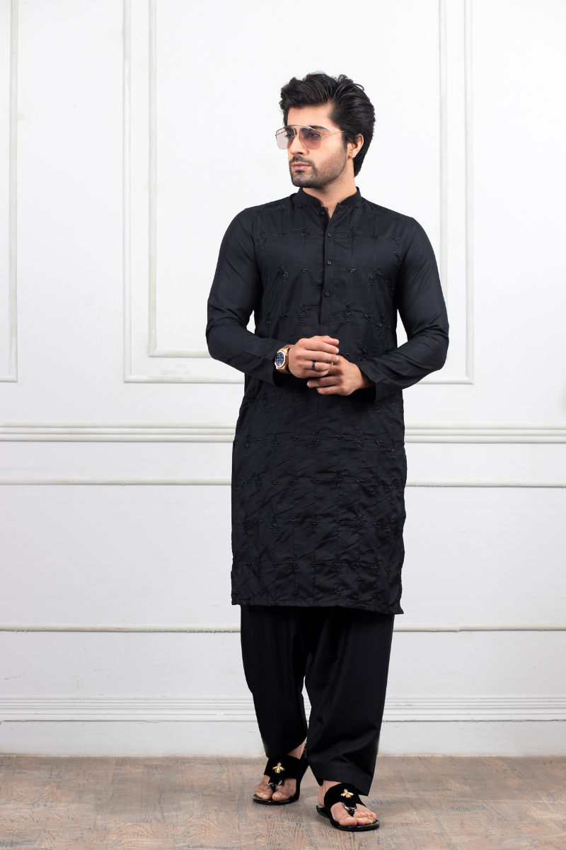 Black Tonal Embroidered Kurta Shalwar (2-Piece) - Image 1