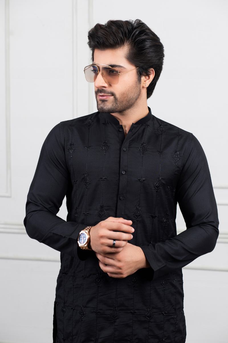 Black Tonal Embroidered Kurta Shalwar (2-Piece) - Image 2