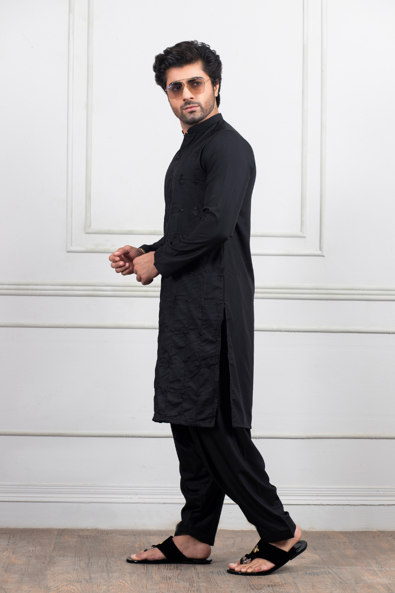 Black Tonal Embroidered Kurta Shalwar (2-Piece) - Image 3