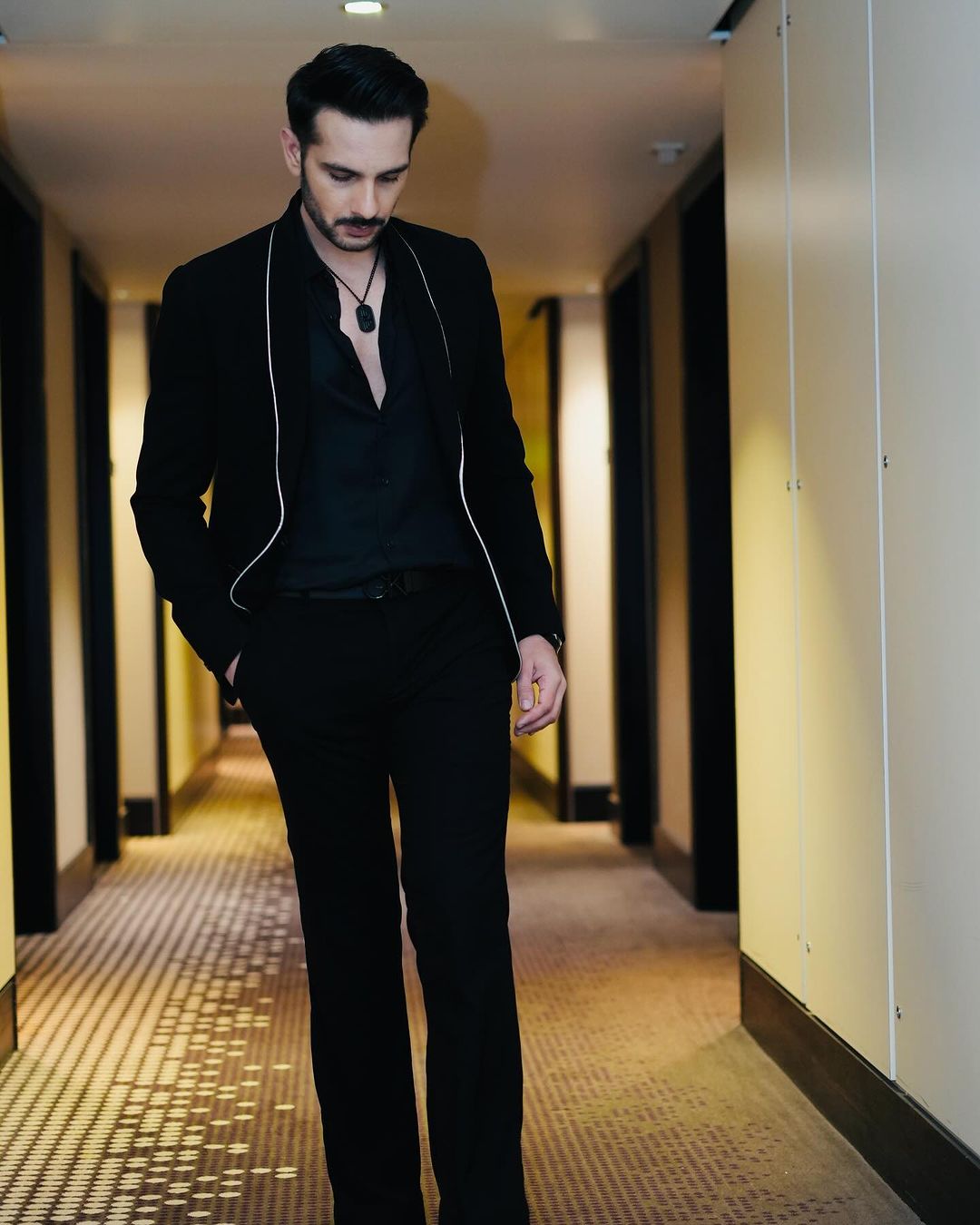 Black White-Piped Armani Suit with Satin Shirt (3-Piece) - Image 2