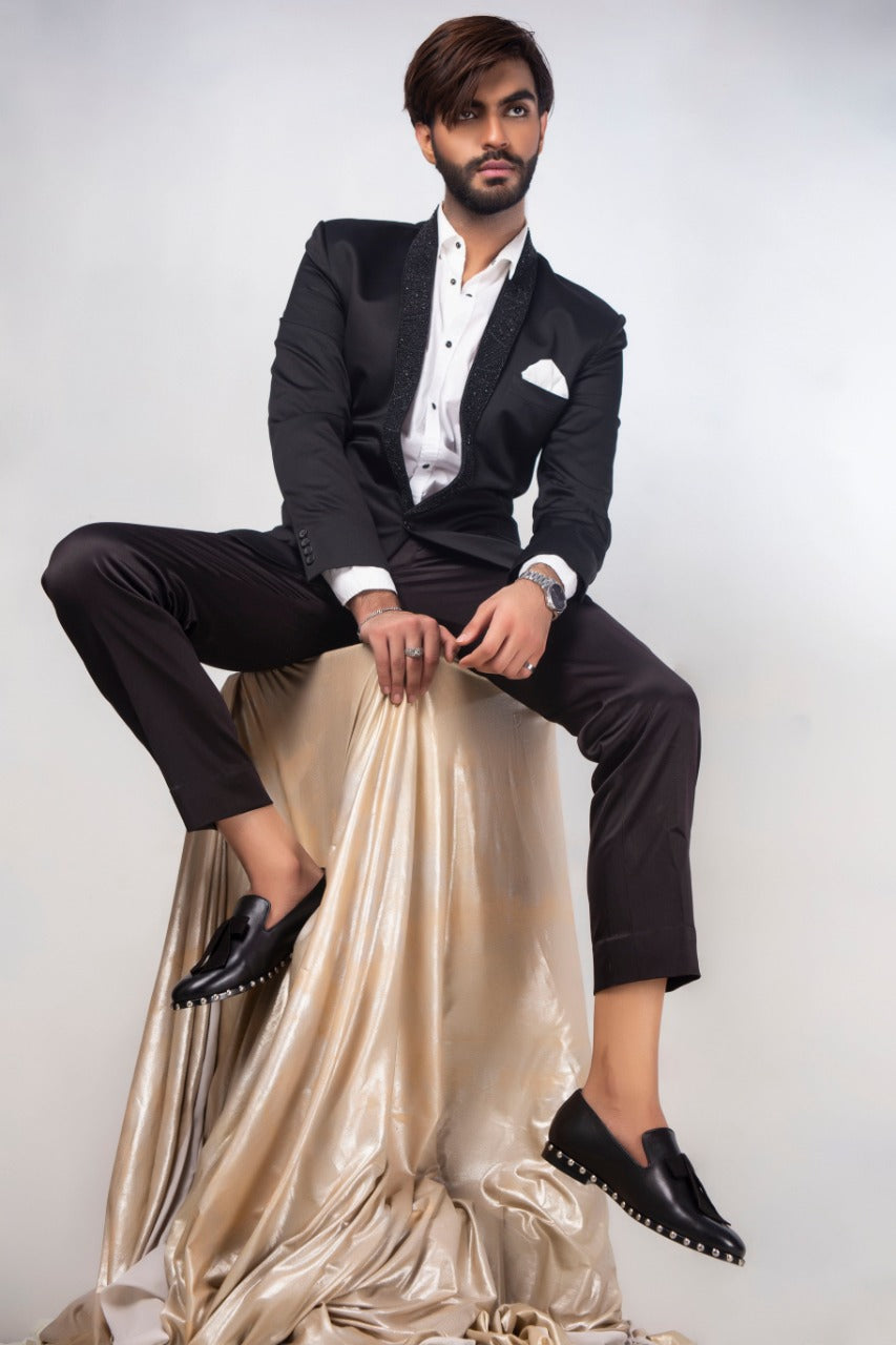 Black Embroidered Cotton Tuxedo Suit (2-Piece) - Image 2