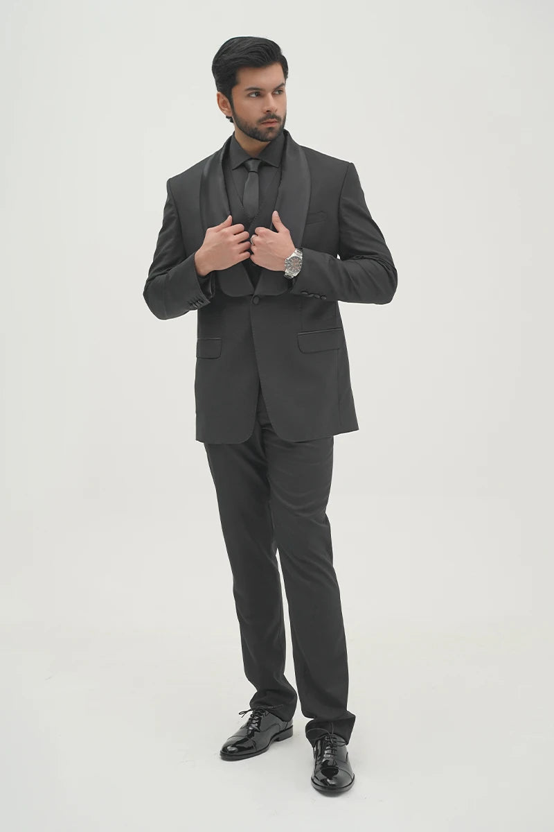 Black Satin Shawl Lapel Three-Piece Tuxedo (3-Piece) - Image 2