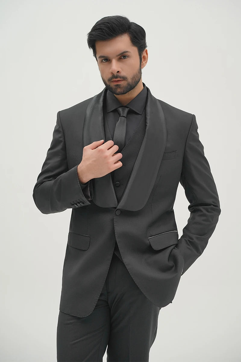 Black Satin Shawl Lapel Three-Piece Tuxedo (3-Piece) - Image 3