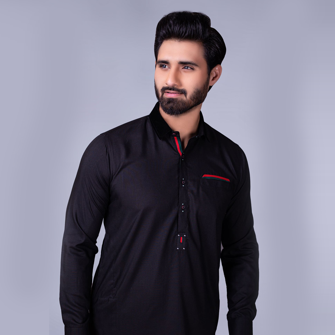 Black Contrast Trim Cotton Blend Pathani Suit (2-Piece) - Image 1