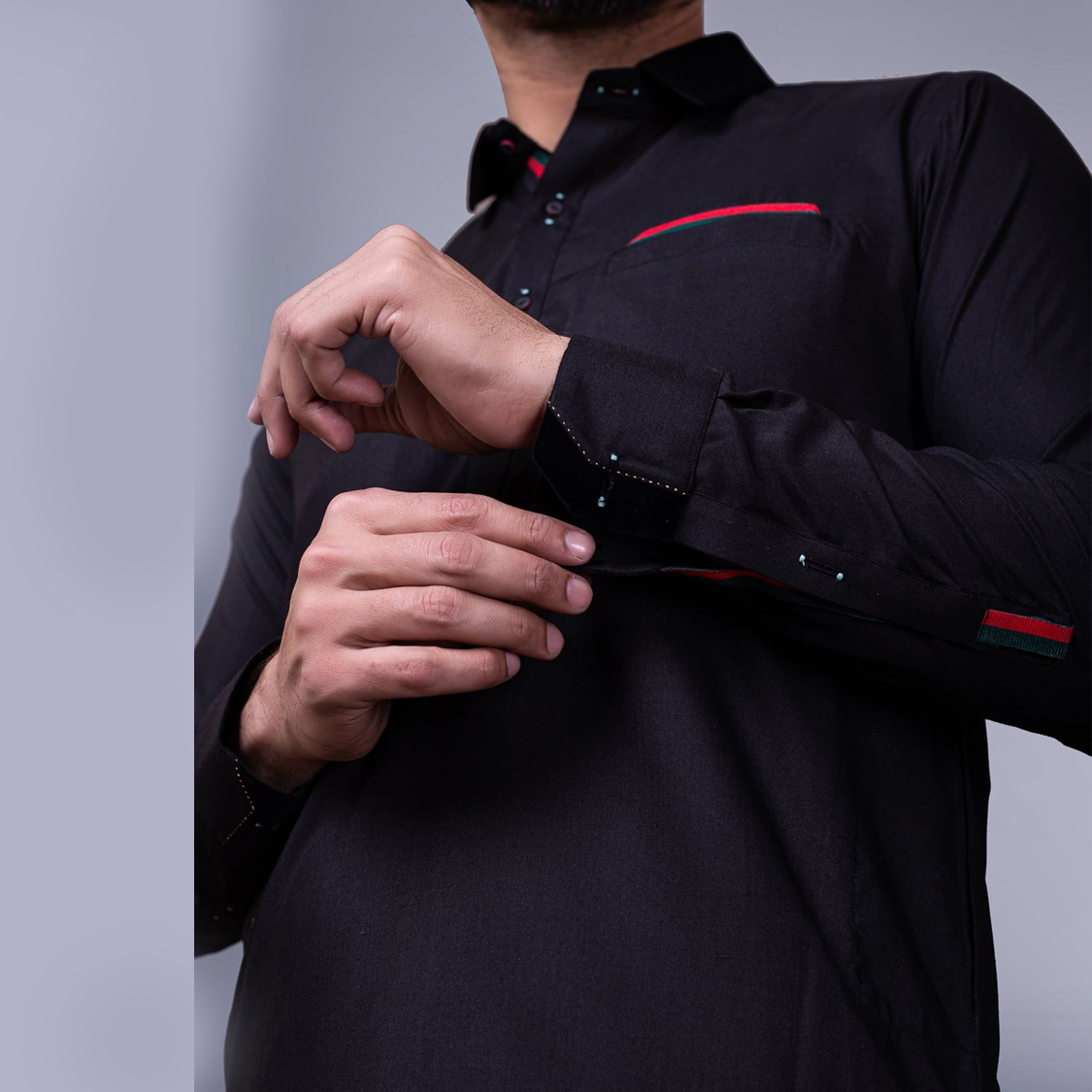 Black Contrast Trim Cotton Blend Pathani Suit (2-Piece) - Image 2