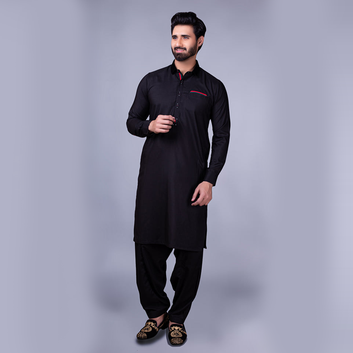 Black Contrast Trim Cotton Blend Pathani Suit (2-Piece) - Image 3