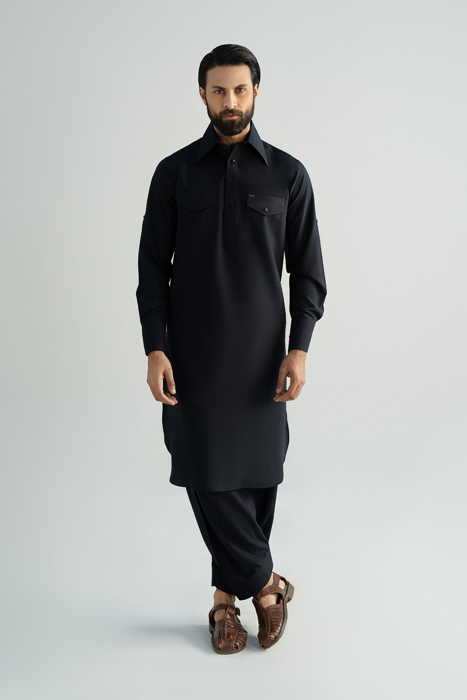 Black Cotton Pathani Suit (2-Piece) - Image 2