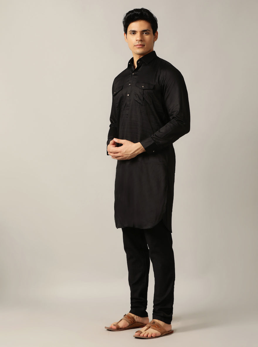 Black Silk Blend Pathani Suit (2-Piece) - Image 2