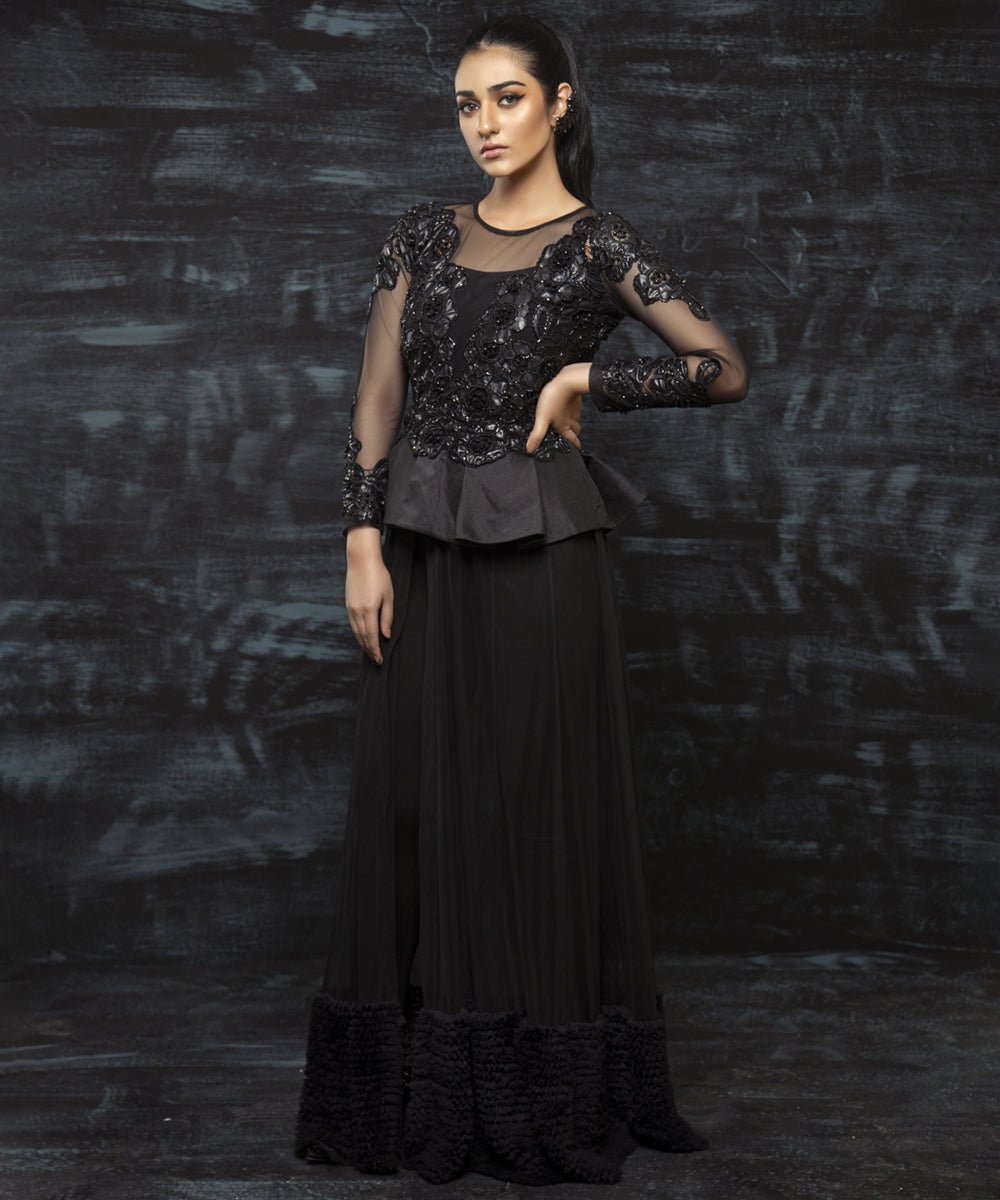 Black Embellished Net & Crepe Peplum Dress (2-Piece) - Image 1