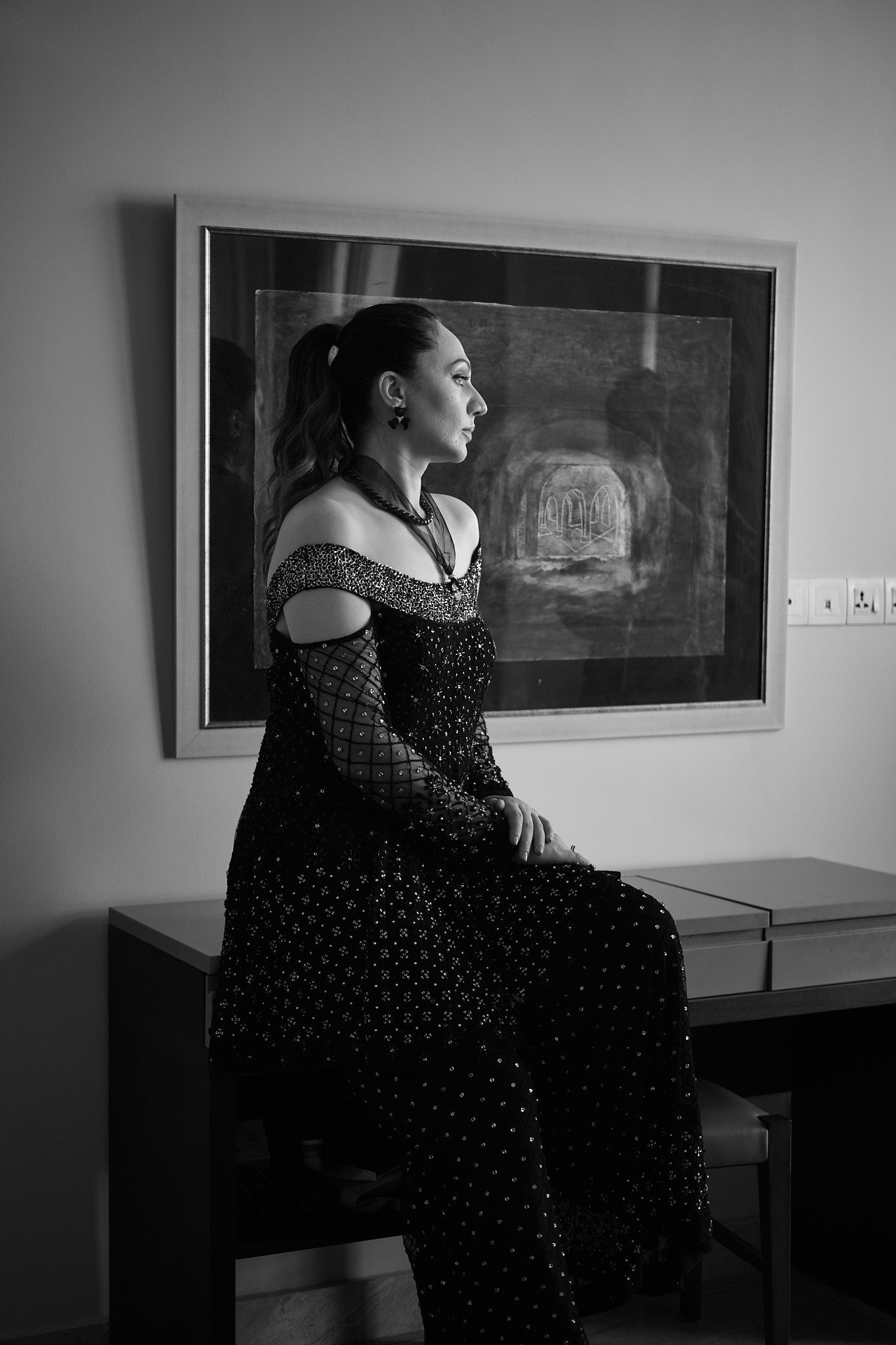 Black Sequin Net Peplum Top & Flared Pants (2-Piece) - Image 1