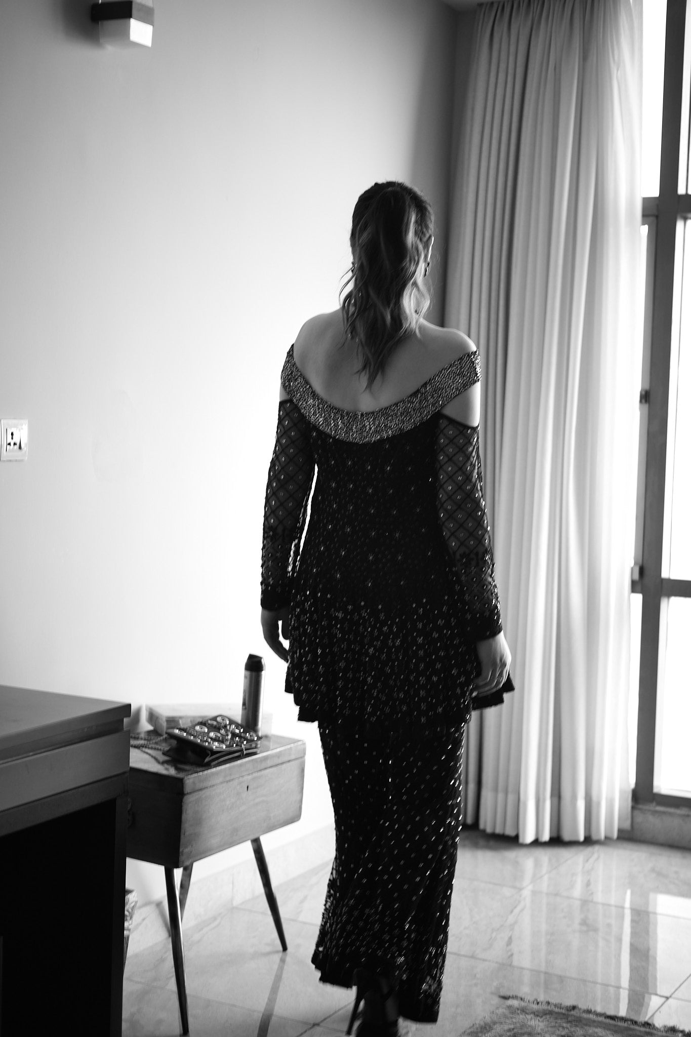 Black Sequin Net Peplum Top & Flared Pants (2-Piece) - Image 3