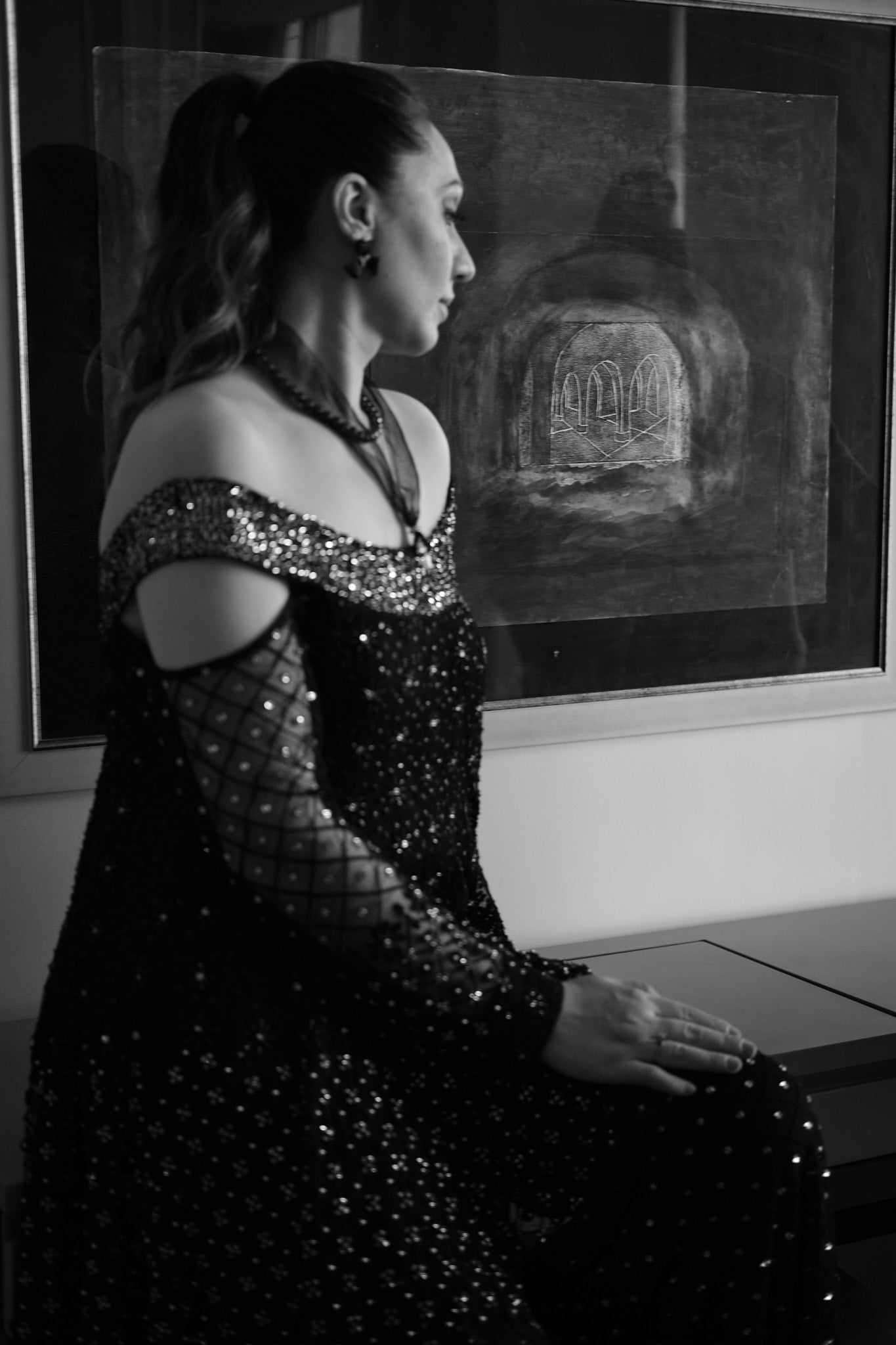 Black Sequin Net Peplum Top & Flared Pants (2-Piece) - Image 7