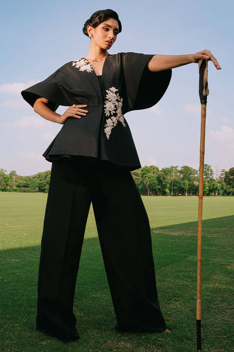 Black Embroidered Raw Silk Peplum (2-Piece) - Image 1