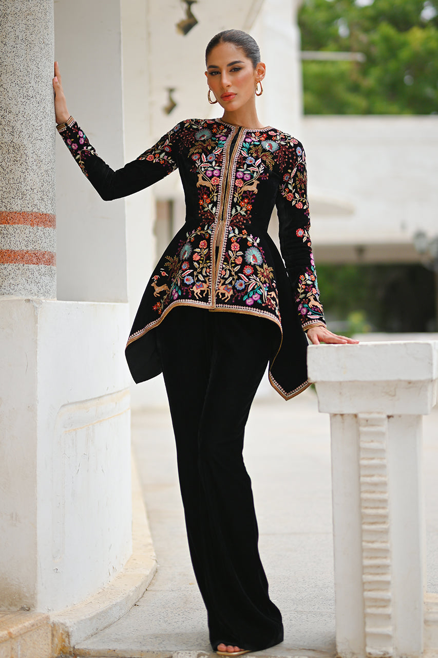 Black Velvet Embroidered Peplum with Bootcut Trousers (2-Piece) - Image 1