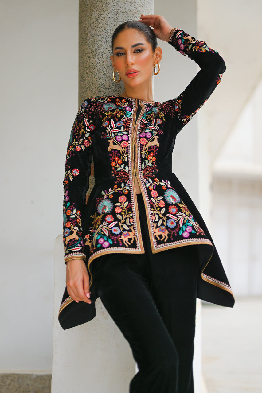 Black Velvet Embroidered Peplum with Bootcut Trousers (2-Piece) - Image 2